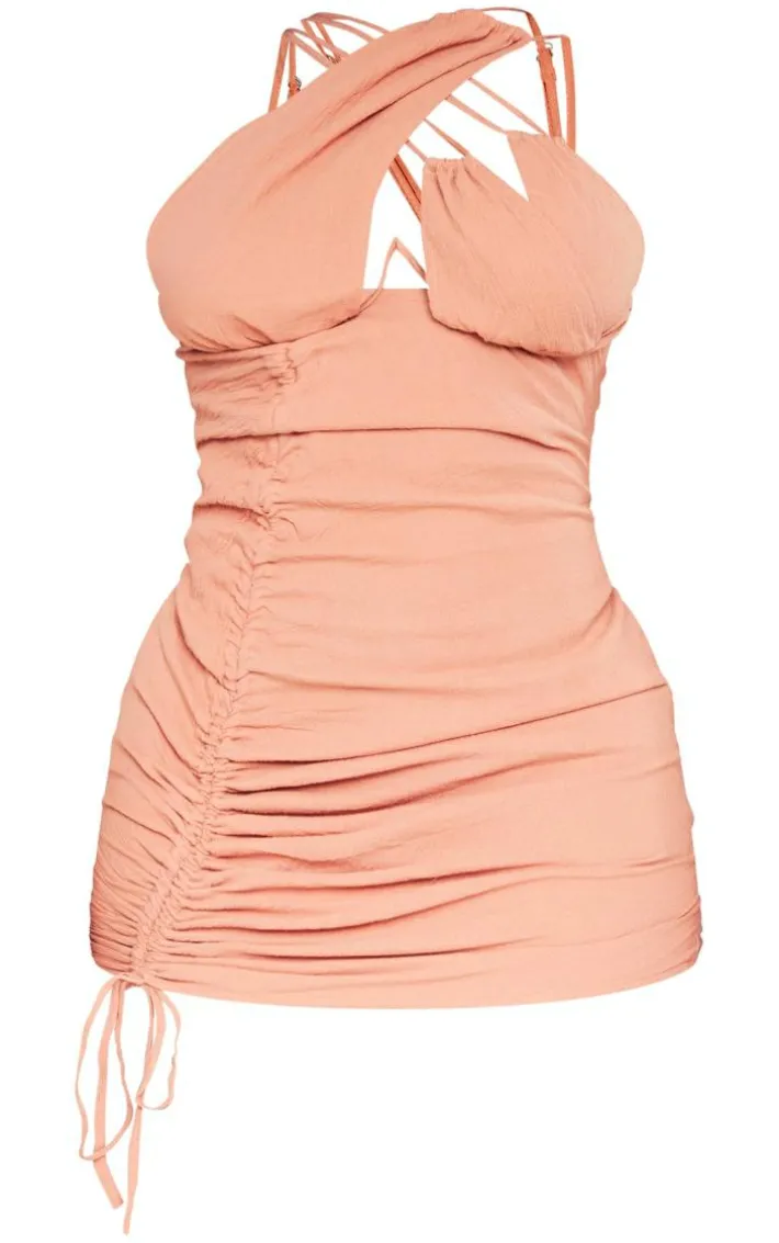 Shape Rust Woven Cup Detail Ruched Side Bodycon Dress