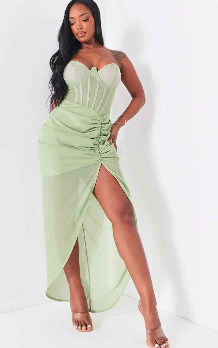 Shape Sage Green Corset Detail Sleeveless Ruched Midi Dress