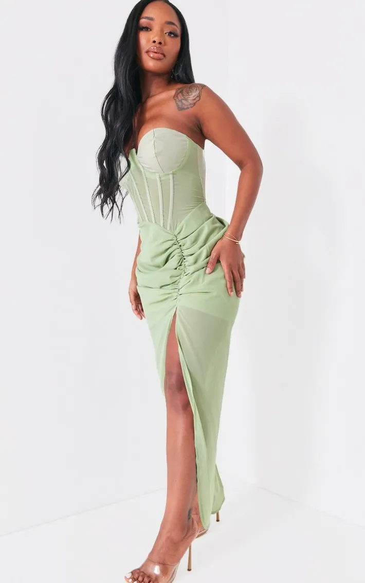Shape Sage Green Corset Detail Sleeveless Ruched Midi Dress