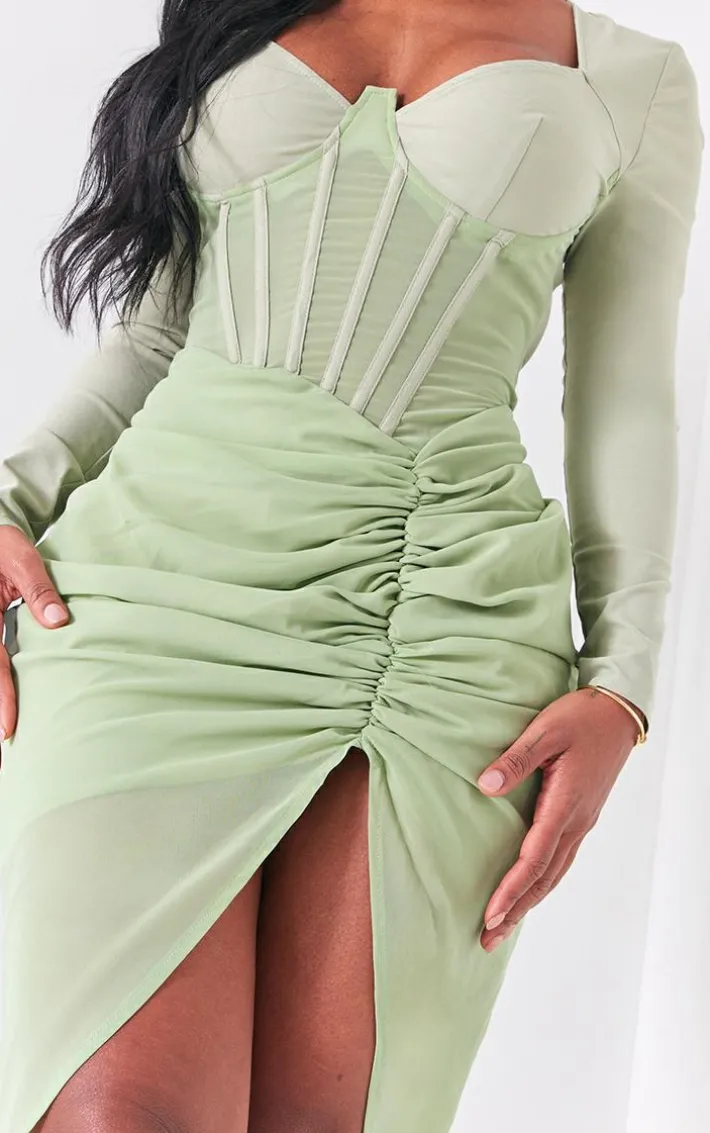 Shape Sage Green Corset Long Sleeve Ruched Midi Dress