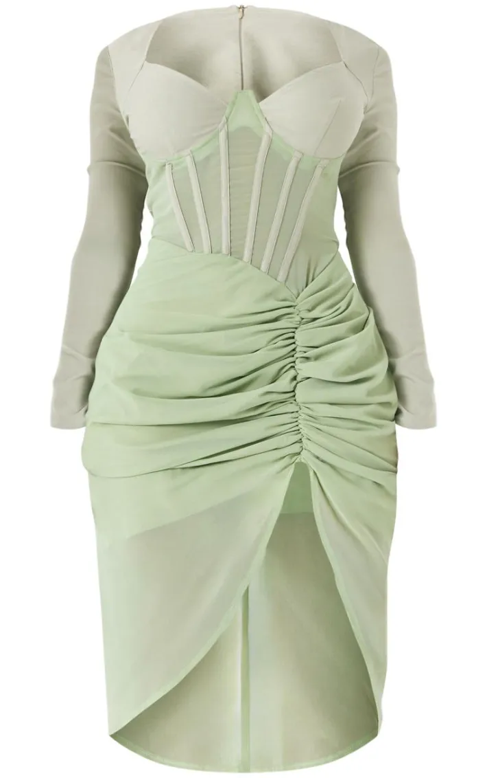 Shape Sage Green Corset Long Sleeve Ruched Midi Dress