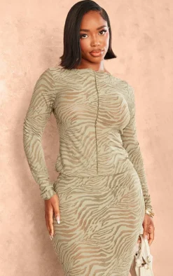 Shape Sage Green Flocked Mesh Long Sleeve Longline Top