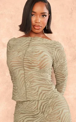 Shape Sage Green Flocked Mesh Long Sleeve Longline Top