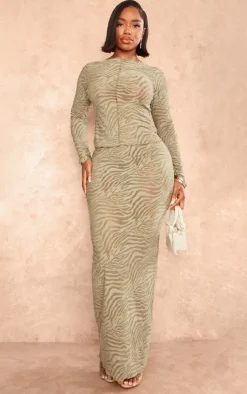 Shape Sage Green Flocked Mesh Maxi Skirt