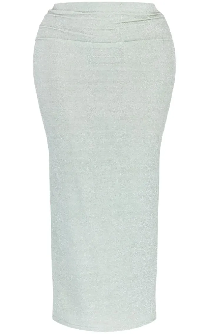 Shape Sage Green Lurex Glitter Low Rise Maxi Skirt