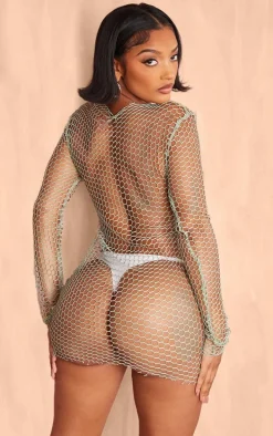 Shape Sage Green Sheer Fishnet Long Sleeve Bodycon Dress