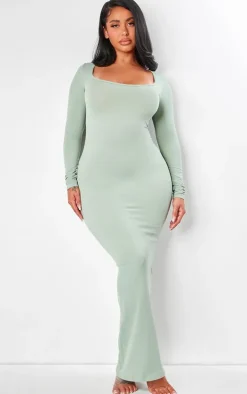 Shape Sage Green Stretch Long Sleeve Maxi Dress
