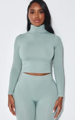Shape Sage Green Stretch Seamless High Neck Long Sleeve Top