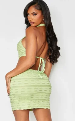 Shape Sage Green Textured High Neck Backless Bodycon Dress
