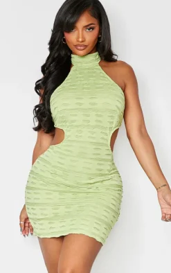 Shape Sage Green Textured High Neck Backless Bodycon Dress