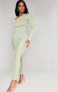 Shape Sage Khaki Bardot Knitted Hole Detailed Jumpsuit