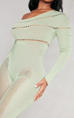 Shape Sage Khaki Bardot Knitted Hole Detailed Jumpsuit