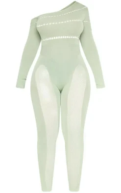 Shape Sage Khaki Bardot Knitted Hole Detailed Jumpsuit