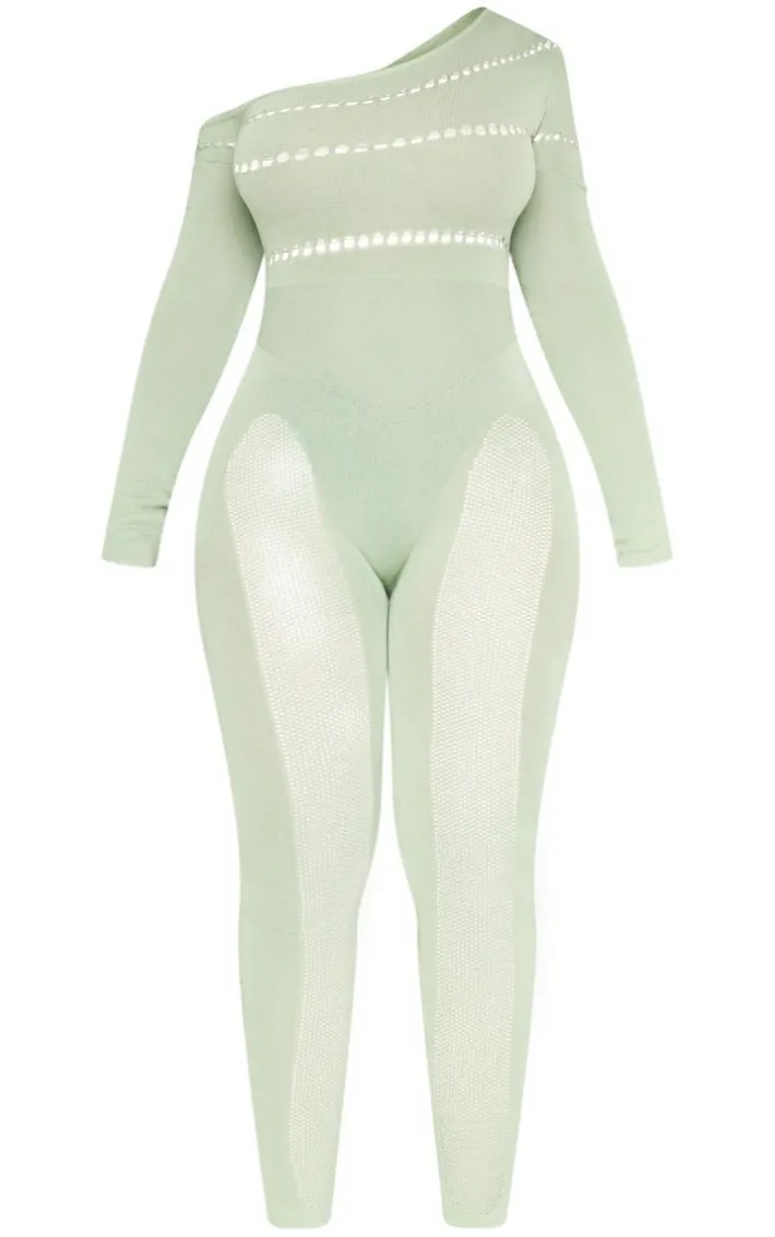 Shape Sage Khaki Bardot Knitted Hole Detailed Jumpsuit