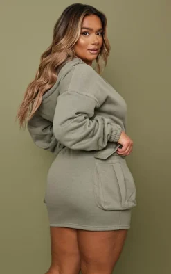 Shape Sage Khaki Plunge Utility Wrap Pocket Sweatshirt Dress