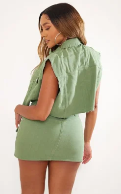 Shape Sage Khaki Washed Denim Raw Hem Edge Cropped Jacket