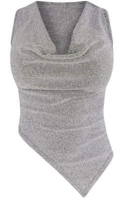 Shape Silver Glitter Cowl Neck Asymmetric Top