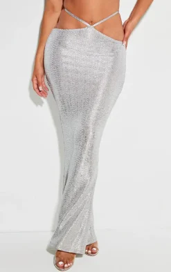 Shape Silver Glitter Textured Tie Waist Maxi Skirt