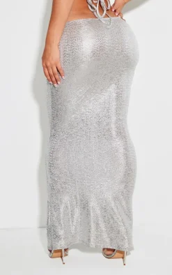 Shape Silver Glitter Textured Tie Waist Maxi Skirt