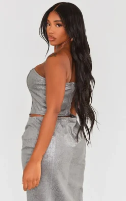 Shape Silver Metallic Croc Rose Detail Bandeau Corset