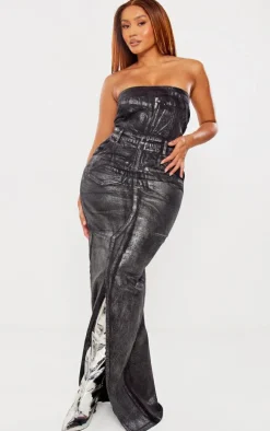 Shape Silver Metallic Denim Bandeau Maxi Dress