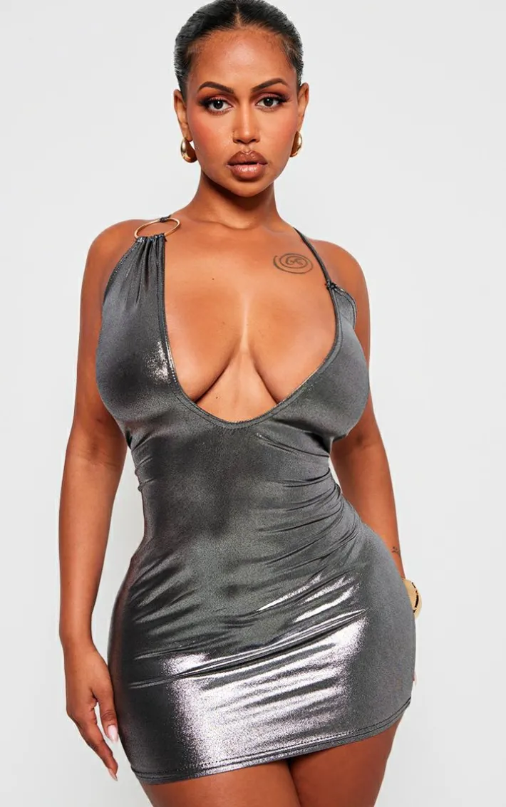 Shape Silver Metallic Ring Detail Plunge Bodycon Dress