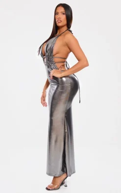 Shape Silver Metallic Wet Look Plunge Front Halter Neck Maxi Dress