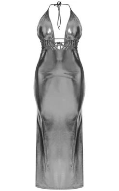 Shape Silver Metallic Wet Look Plunge Front Halter Neck Maxi Dress