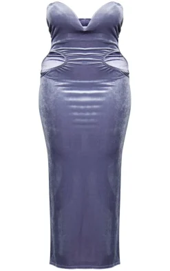 Shape Silver Velvet Plunge Front Cut Out Maxi Dress