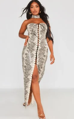 Shape Stone Faux Leather Snake Print Lace Up Front Maxi Dress