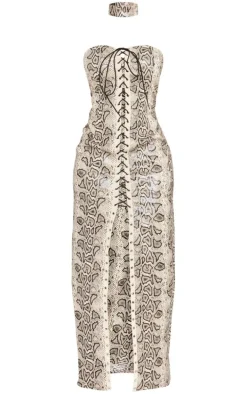 Shape Stone Faux Leather Snake Print Lace Up Front Maxi Dress