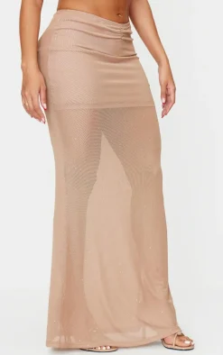 Shape Stone Glitter Low Rise Ruched Front Fishtail Maxi Skirt