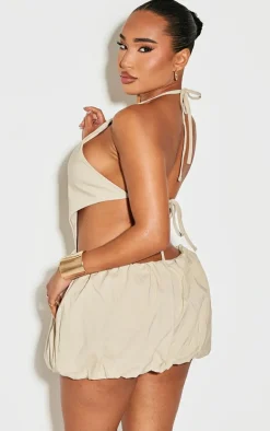 Shape Stone Halter Neck Plunge Front Open Back Puffball Mini Dress