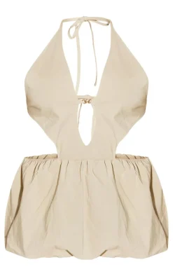 Shape Stone Halter Neck Plunge Front Open Back Puffball Mini Dress