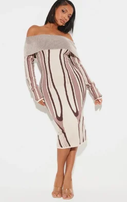Shape Stone Knit Abstract Print Bardot Midaxi Dress