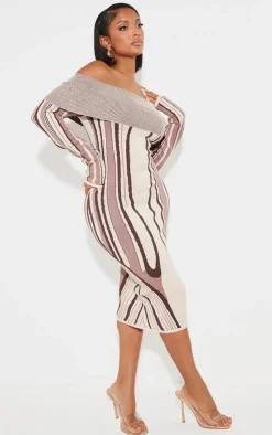 Shape Stone Knit Abstract Print Bardot Midaxi Dress