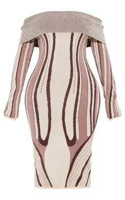 Shape Stone Knit Abstract Print Bardot Midaxi Dress