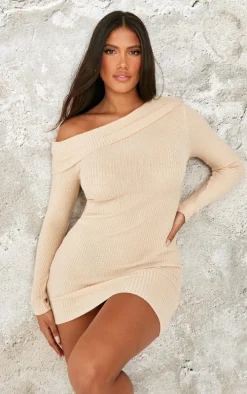 Shape Stone Off Shoulder Fold Over Knitted Bodycon Dress