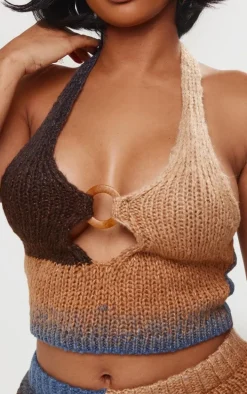 Shape Stone Ombre Knit Halterneck Ring Longline Top