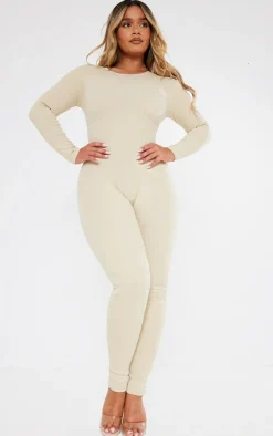 Shape Stone Ribbed Zip Front Long Sleeve Jumpsuit