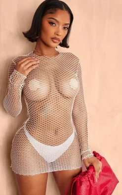 Shape Stone Sheer Fishnet Long Sleeve Bodycon Dress