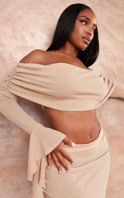 Shape Stone Sheer Mesh Bardot Flute Sleeve Crop Top