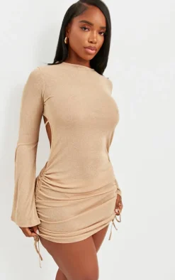 Shape Stone Sheer Mesh Long Sleeve Cut Out Back Ruched Bodycon Dress