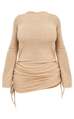 Shape Stone Sheer Mesh Long Sleeve Cut Out Back Ruched Bodycon Dress