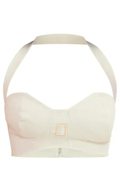 Shape Stone Stretch Woven Buckle Detail Halterneck Crop Top