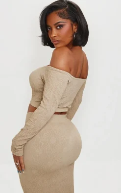 Shape Stone Textured Seamless Bardot Long Sleeve Crop Top