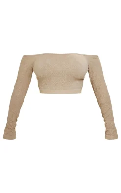 Shape Stone Textured Seamless Bardot Long Sleeve Crop Top
