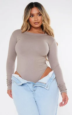 Shape Taupe Cotton Long Sleeve Crew Neck Bodysuit