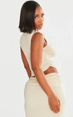 Shape Taupe Jersey Ruched Side Asymmetric Hem Crop Top