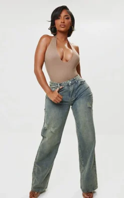 Shape Taupe Ribbed Halterneck Plunge Bodysuit